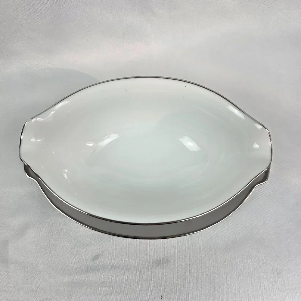 Sango Plantina Gravy Boat with Underplate Gray Band Platinum Trim